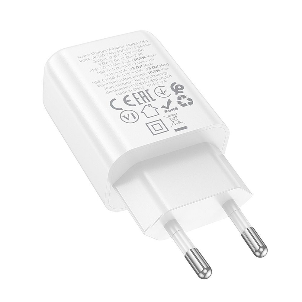 Carregador de Rede HOCO N63, 30W, 3A, 1 x USB-A - 1 x USB-C, Branco