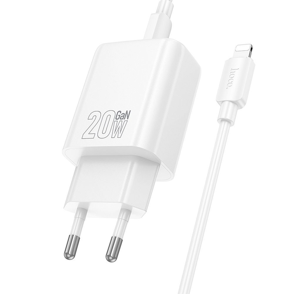Carregador de Rede com Cabo Lightning HOCO N61, 20W, 3A, 1 x USB-A - 1 x USB-C, Branco