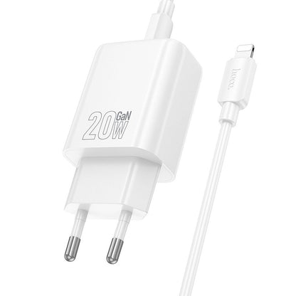 Carregador de Rede com Cabo Lightning HOCO N61, 20W, 3A, 1 x USB-A - 1 x USB-C, Branco