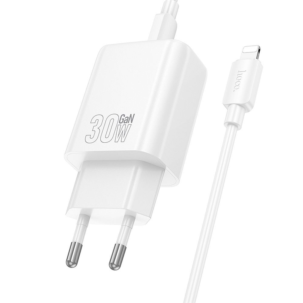 Carregador de Rede com Cabo Lightning HOCO N63, 30W, 3A, 1 x USB-A - 1 x USB-C, Branco