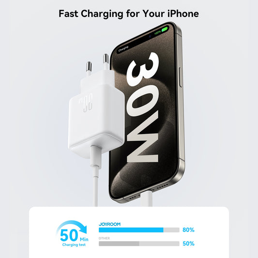 Carregador de Rede com Cabo USB-C Joyroom JR-TCF24, 30W, 3A, 1 x USB-C, Branco
