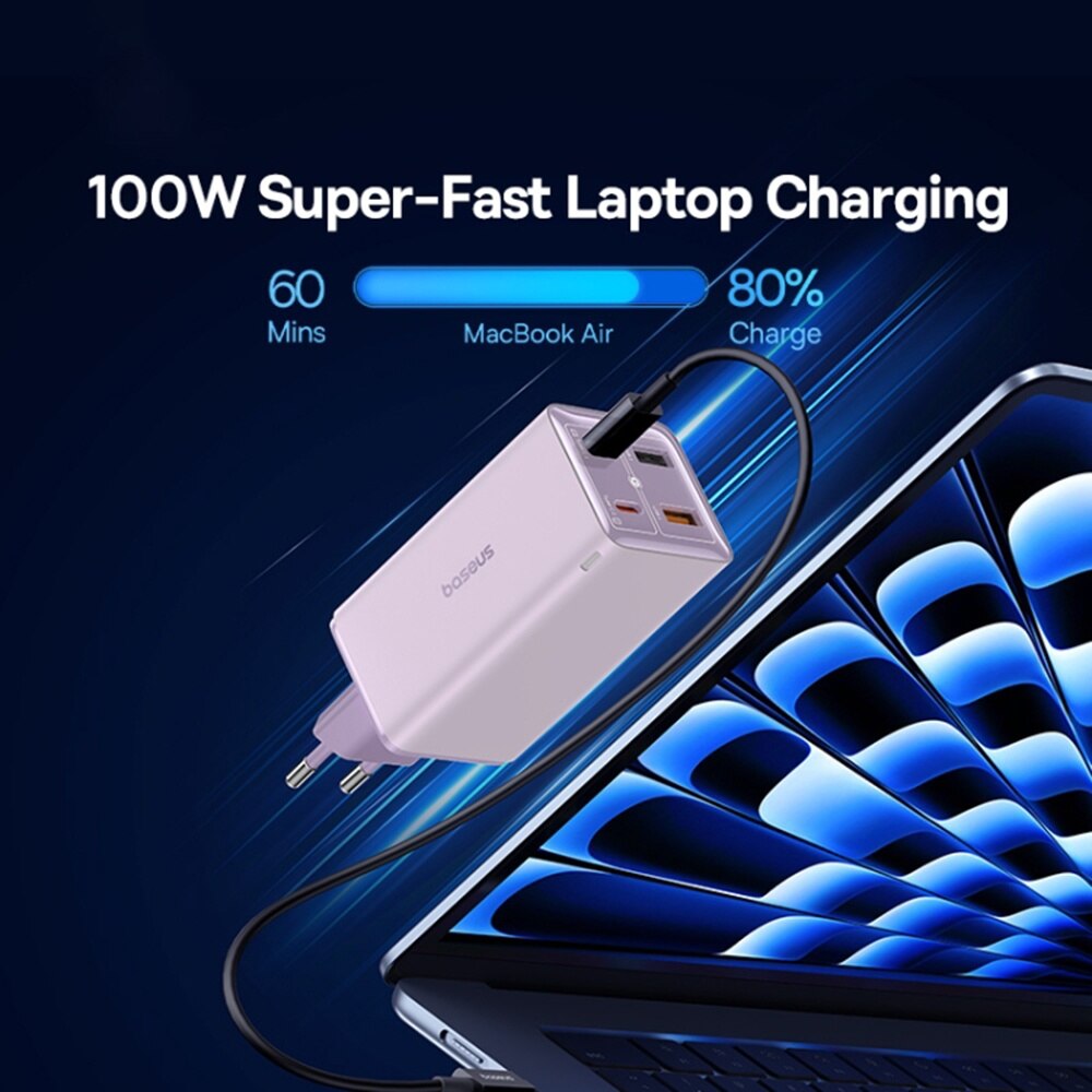 Carregador de Rede com Cabo USB-C Baseus GaN6 Pro, 100W, 3.25A, 2 x USB-A - 2 x USB-C, Roxo P10162705532-00