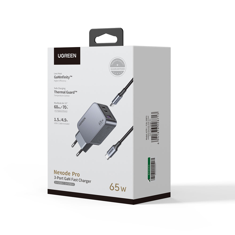 Carregador de Rede com Cabo USB-C UGREEN X755 Nexode Pro, 65W, 3A, 1 x USB-A - 2 x USB-C, Cinzento
