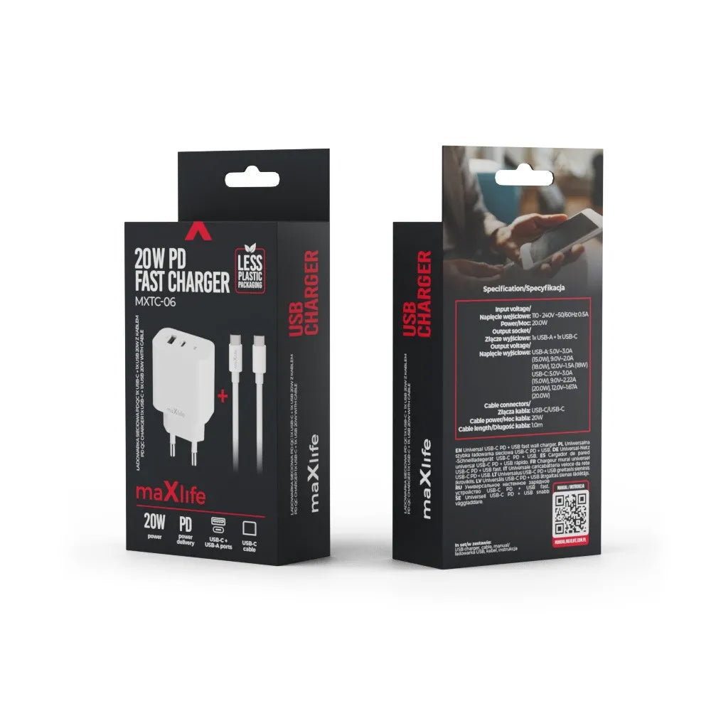 Carregador de Rede com Cabo USB-C MaXlife MXTC-06-20AC, 20W, 3A, 1 x USB-A - 1 x USB-C, Branco