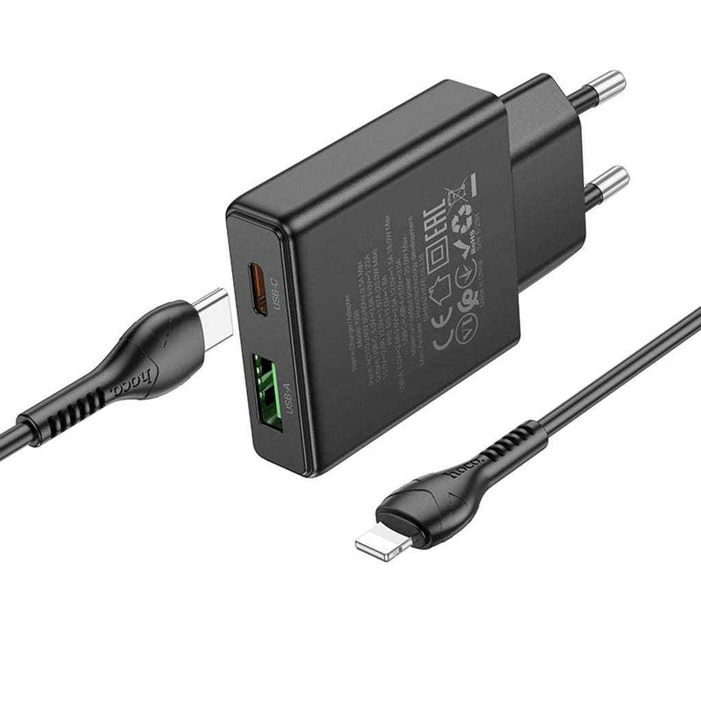 Carregador de Rede com Cabo Lightning HOCO N38, 20W, 3A, 1 x USB-A - 1 x USB-C, Preto