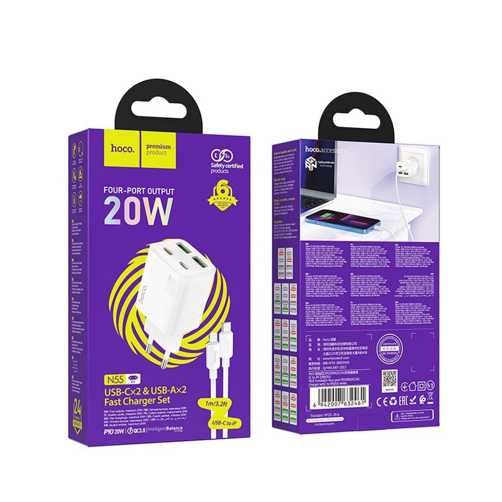 Carregador de Rede com Cabo Lightning HOCO N55, 20W, 3A, 2 x USB-A - 2 x USB-C, Branco