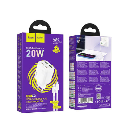Carregador de Rede com Cabo Lightning HOCO N55, 20W, 3A, 2 x USB-A - 2 x USB-C, Branco