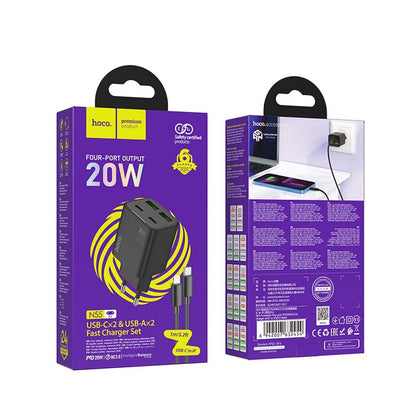 Carregador de Rede com Cabo Lightning HOCO N55, 20W, 3A, 2 x USB-A - 2 x USB-C, Preto