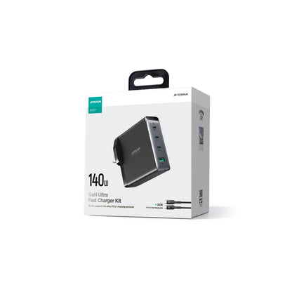 Carregador de Rede com Cabo USB-C Joyroom JR-TCG05UK, 140W, 5A, 1 x USB-A - 3 x USB-C, UK, Preto