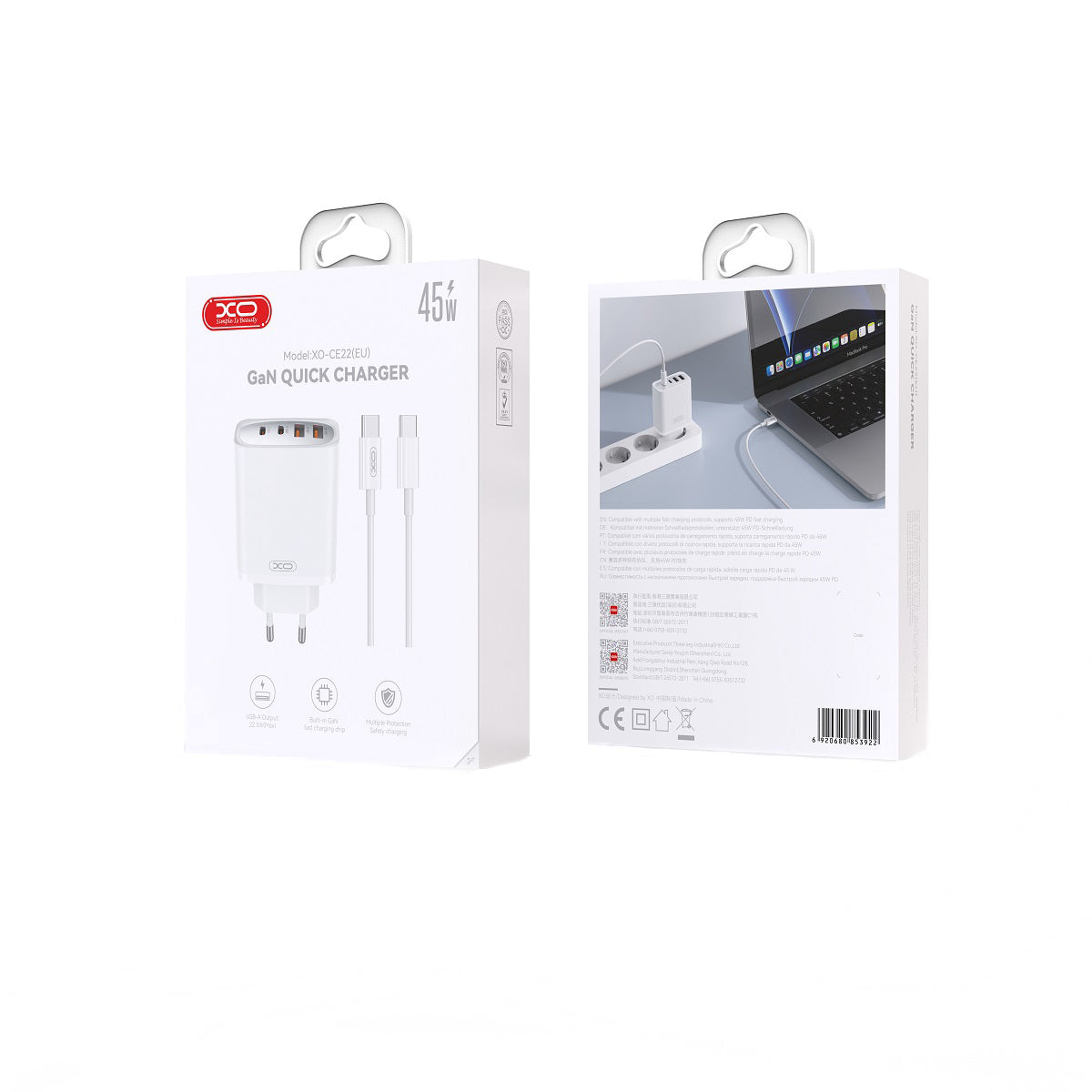 Carregador de Rede com Cabo USB-C XO Design CE22, 45W, 3A, 2 x USB-A - 2 x USB-C, Branco