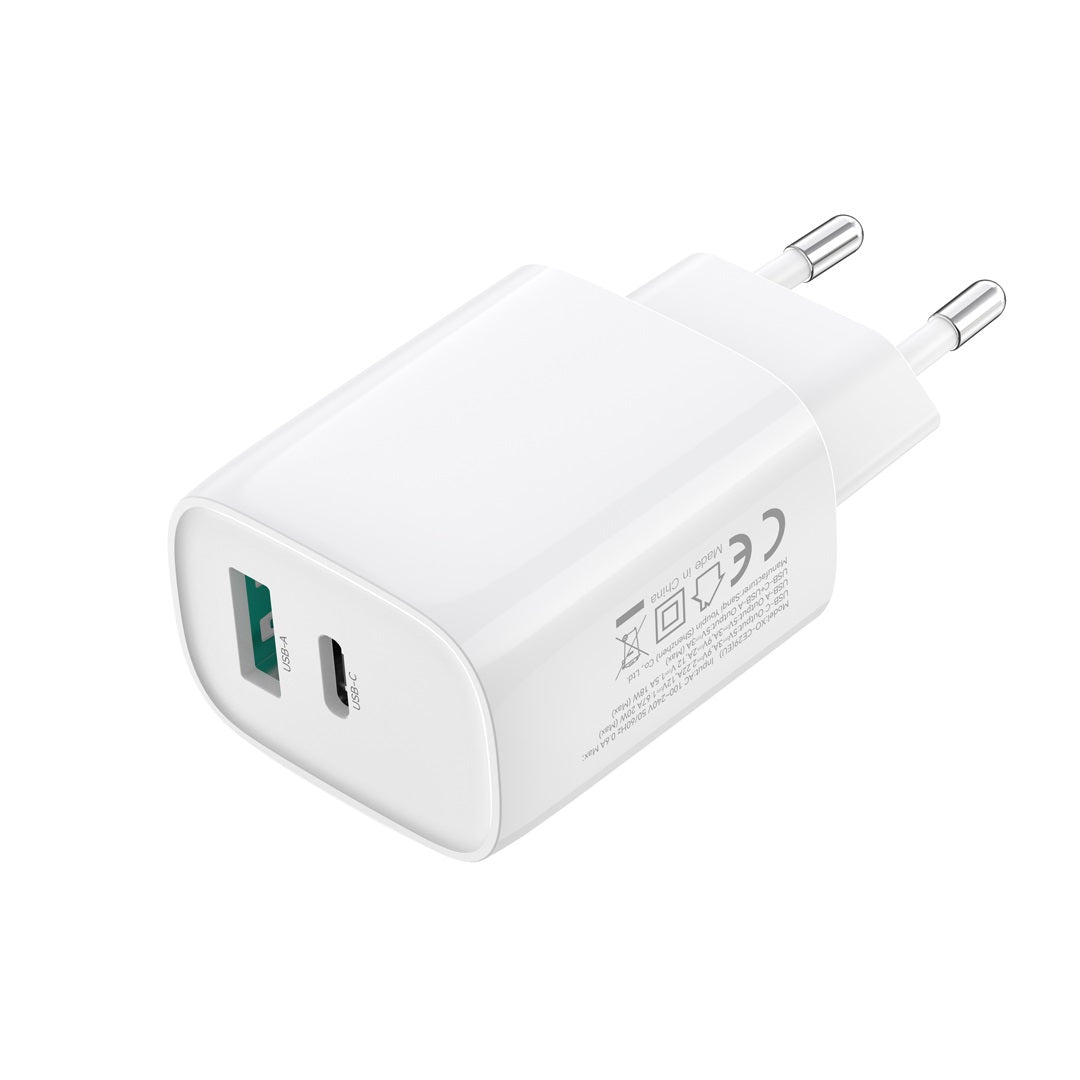 Carregador de Rede com Cabo USB-C XO Design CE29, 20W, 3A, 1 x USB-A - 1 x USB-C, Branco