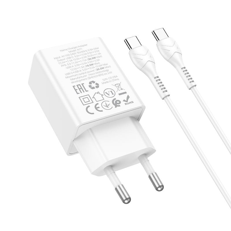 Carregador de Rede com Cabo USB-C HOCO N71, 30W, 3A, 1 x USB-A - 1 x USB-C, Branco