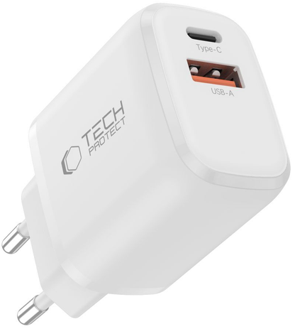 Carregador de Rede com Cabo USB-C Tech-Protect NCA20, 20W, 3A, 1 x USB-A - 1 x USB-C, Branco