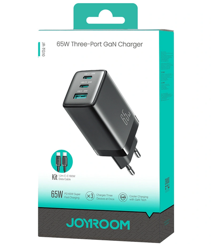 Carregador de Rede com Cabo USB-C Joyroom JR-TG10, 65W, 3.25A, 1 x USB-A - 2 x USB-C, Preto