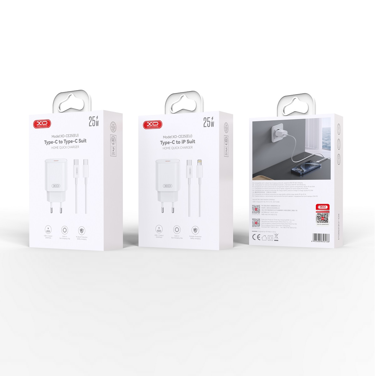 Carregador de Rede com Cabo USB-C XO Design CE25, 25W, 3A, 1 x USB-C, Branco