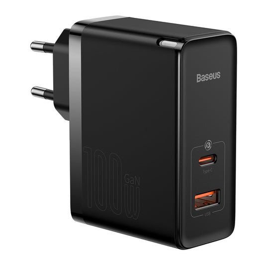 Carregador de Rede com Cabo USB-C Baseus GaN5 Pro, 100W, 3A, 1 x USB-A - 1 x USB-C, Preto CCGP090201