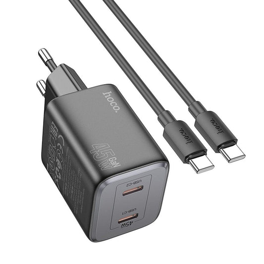 Carregador de rede com cabo USB-C HOCO N42, 45W, 3A, 2 x USB-C, preto 