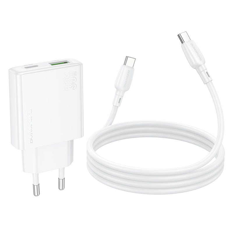 Carregador de rede com cabo USB-C Borofone BN25 Wish, 30W, 3A, 1 x USB-A - 1 x USB-C, branco 