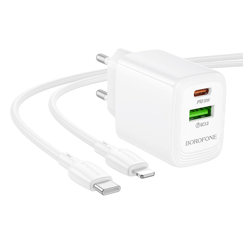 Carregador de Rede com Cabo Lightning Borofone BN27 Fuente, 20W, 3A, 1 x USB-A - 1 x USB-C, Branco