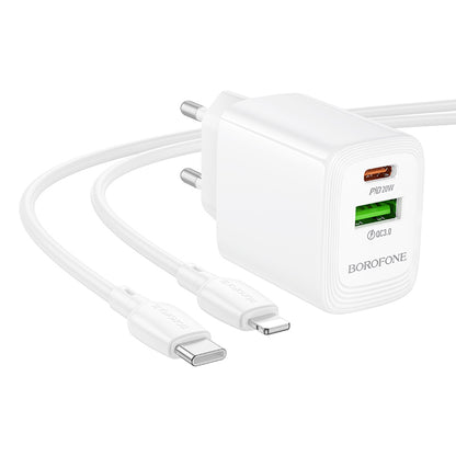 Carregador de Rede com Cabo Lightning Borofone BN27 Fuente, 20W, 3A, 1 x USB-A - 1 x USB-C, Branco