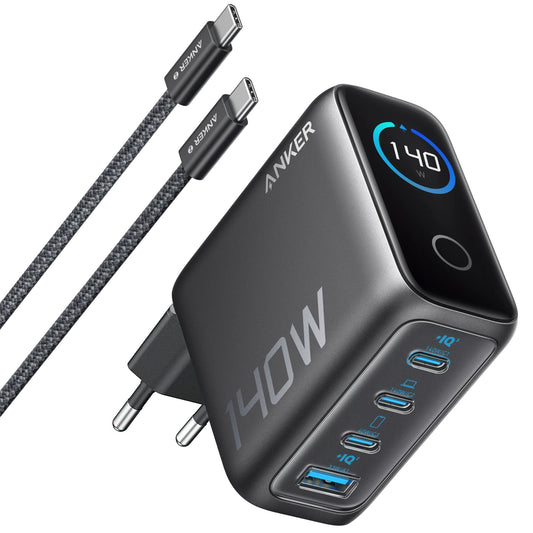 Carregador de Rede com Cabo USB-C Anker Zolo, 140W, 5A, 1 x USB-A - 3 x USB-C, Preto B2697GZ1