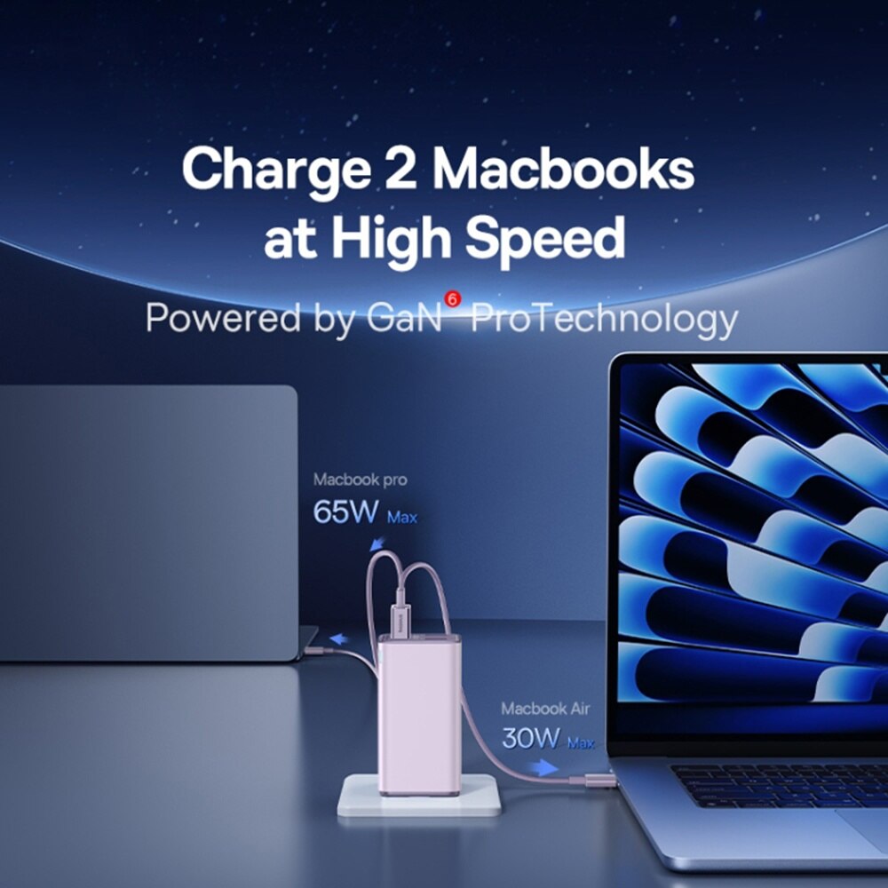Carregador de Rede com Cabo USB-C Baseus GaN6 Pro, 100W, 3.25A, 2 x USB-A - 2 x USB-C, Roxo P10162705532-00