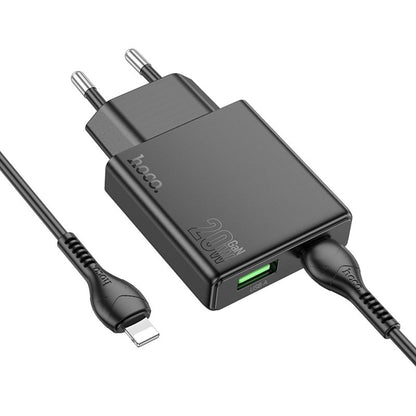 Carregador de Rede com Cabo Lightning HOCO N38, 20W, 3A, 1 x USB-A - 1 x USB-C, Preto