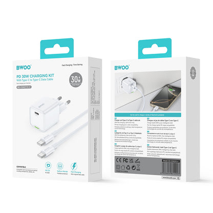 Carregador de Rede com Cabo USB-C BWOO CDA211, 30W, 3A, 1 x USB-C, Branco