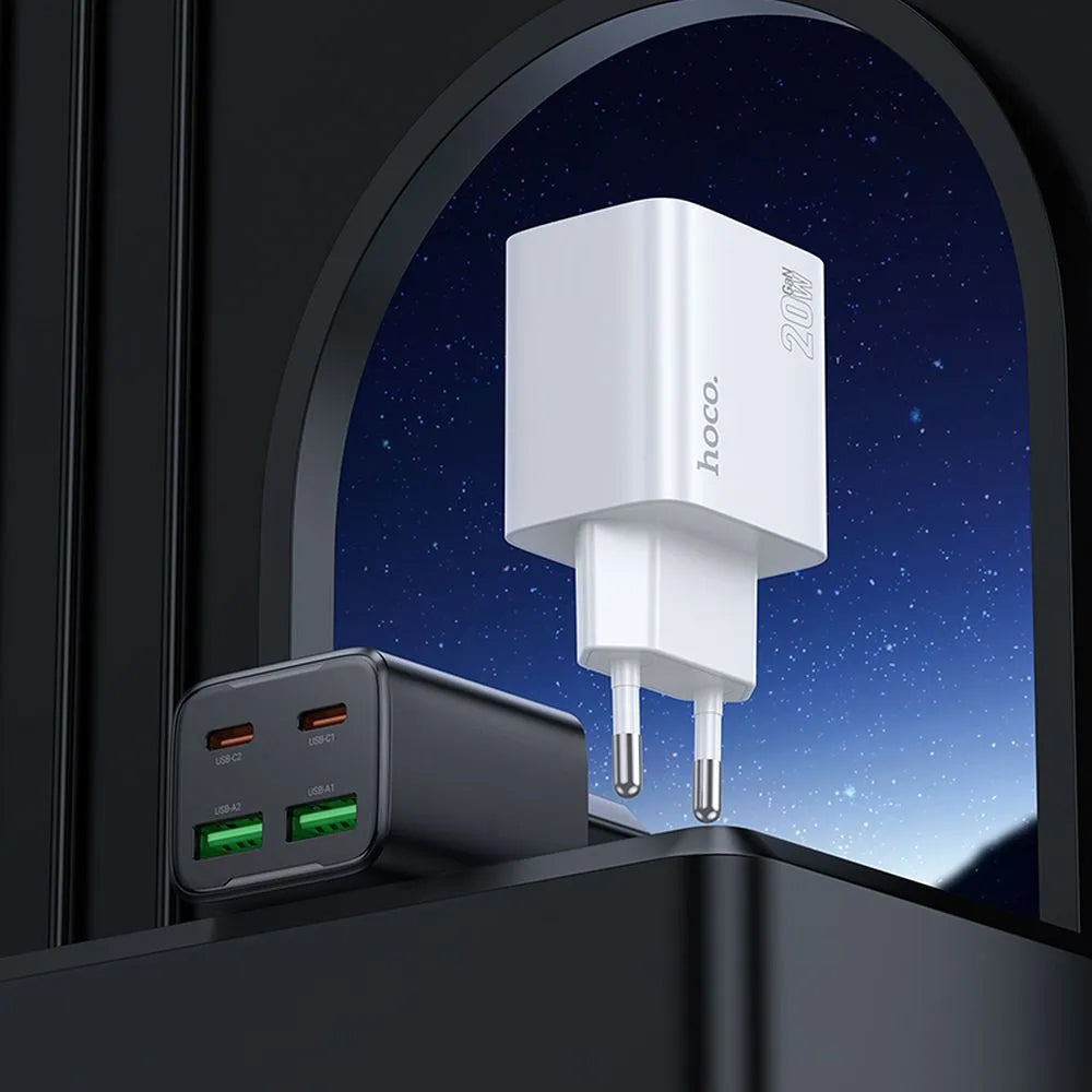 Carregador de Rede com Cabo USB-C HOCO N55, 20W, 3A, 2 x USB-A - 2 x USB-C, Branco