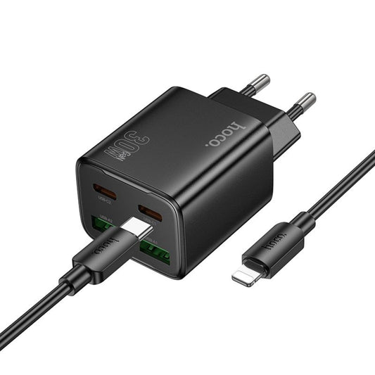 Carregador de Rede com Cabo Lightning HOCO N56, 30W, 3A, 2 x USB-A - 2 x USB-C, Preto