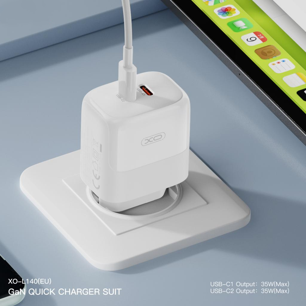 Carregador de Rede com Cabo Lightning XO Design L140, 35W, 3A, 2 x USB-C, Branco