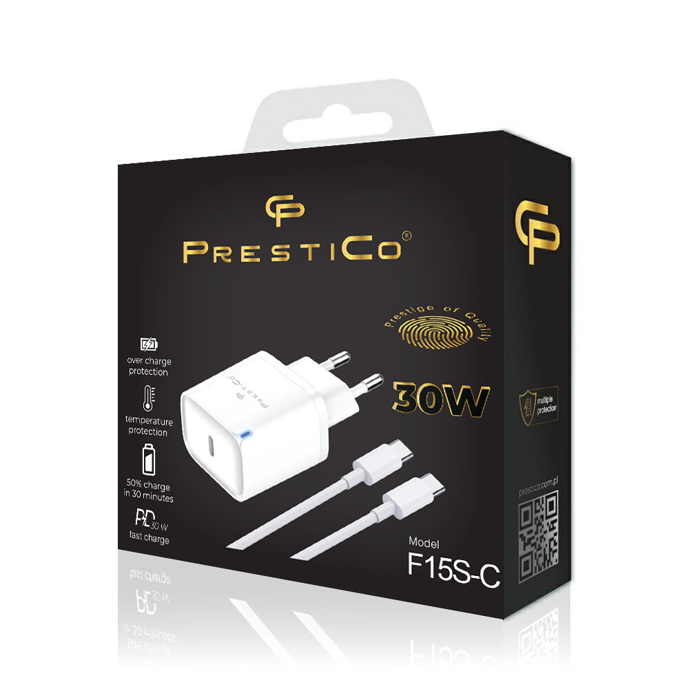 Carregador de Rede com Cabo USB-C Prestico F15S-C, 30W, 3A, 1 x USB-C, Branco