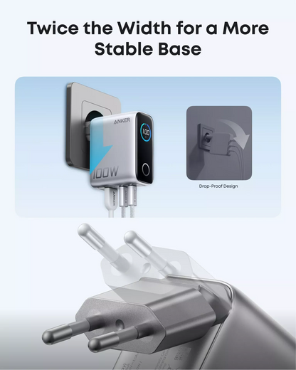 Carregador de Rede com Cabo USB-C Anker Smart Display, 100W, 5A, 1 x USB-A - 2 x USB-C, Prateado B121BG41