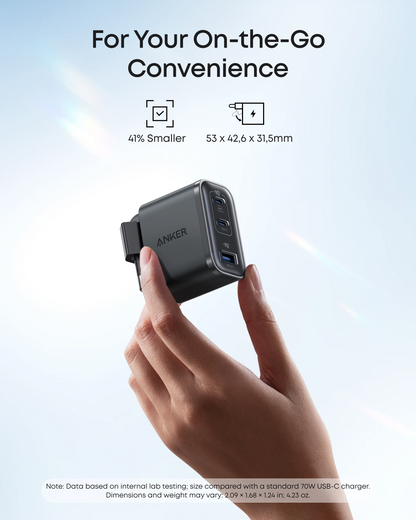 Anker Nano USB-C Network Charger with Cable, 70W, 3.5A, 1 x USB-A - 2 x USB-C, Gray B121A311
