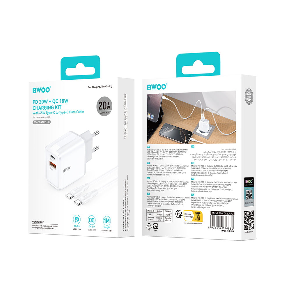 Carregador de Rede com Cabo USB-C BWOO CDA182, 38W, 3A, 1 x USB-A - 1 x USB-C, Branco