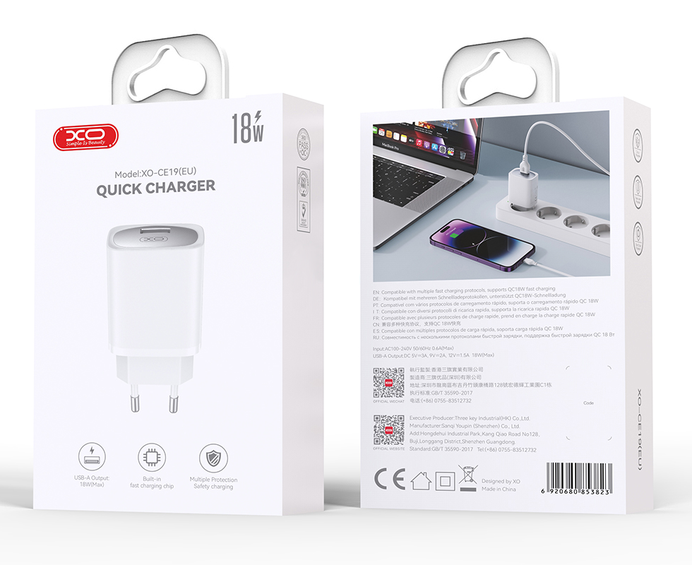 Carregador de Rede com Cabo USB-C XO Design CE19, 18W, 3A, 1 x USB-A, Branco