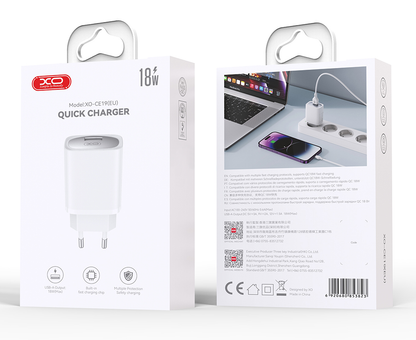 Carregador de Rede com Cabo USB-C XO Design CE19, 18W, 3A, 1 x USB-A, Branco