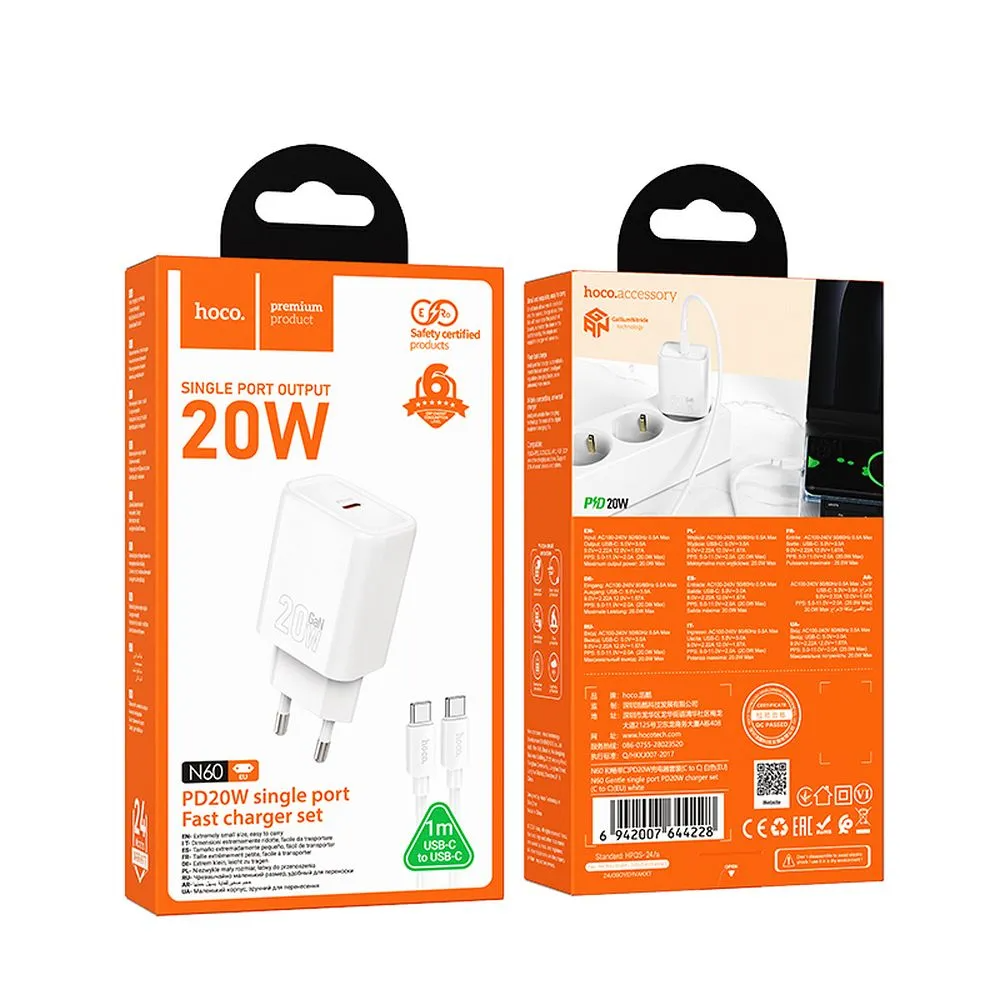 Carregador de Rede com Cabo Lightning HOCO N60, 20W, 3A, 1 x USB-C, Branco
