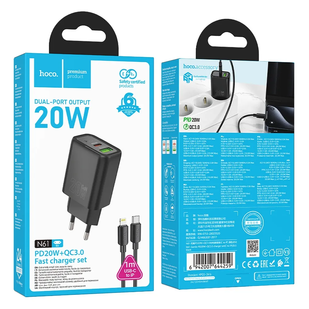 Carregador de Rede com Cabo Lightning HOCO N61, 20W, 3A, 1 x USB-A - 1 x USB-C, Preto