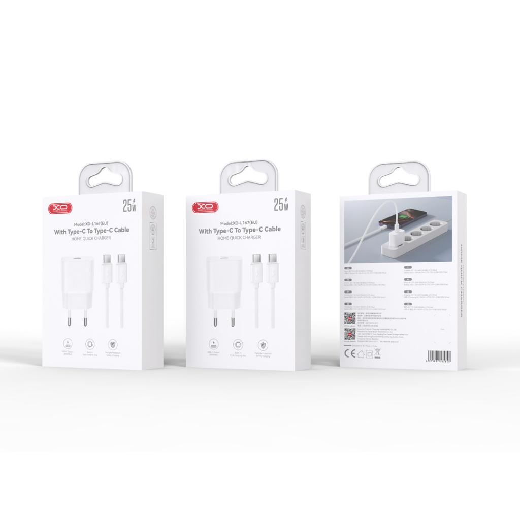 Carregador de Rede com Cabo USB-C XO Design L167, 25W, 3A, 1 x USB-C, Branco
