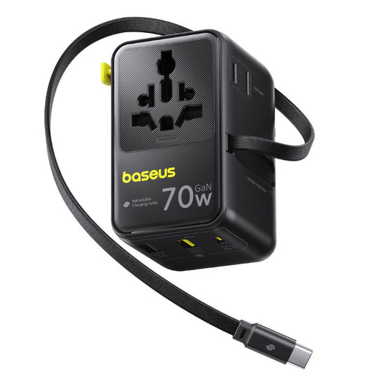 Carregador de Rede com Cabo USB-C Baseus Travel EnerCore CG11, 70W, 2 x Tomada - 1 x USB-C - 2 x USB-A, Preto E0307E00
