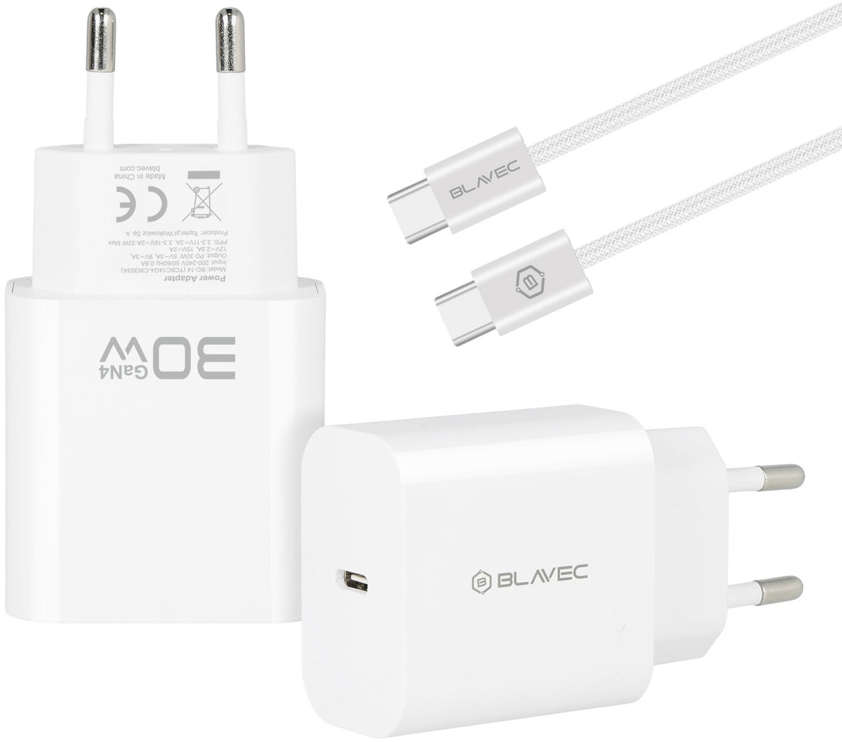 Carregador de Rede com Cabo USB-C Blavec BC-14, 30 W, 3 A, 1 x USB-C, Branco