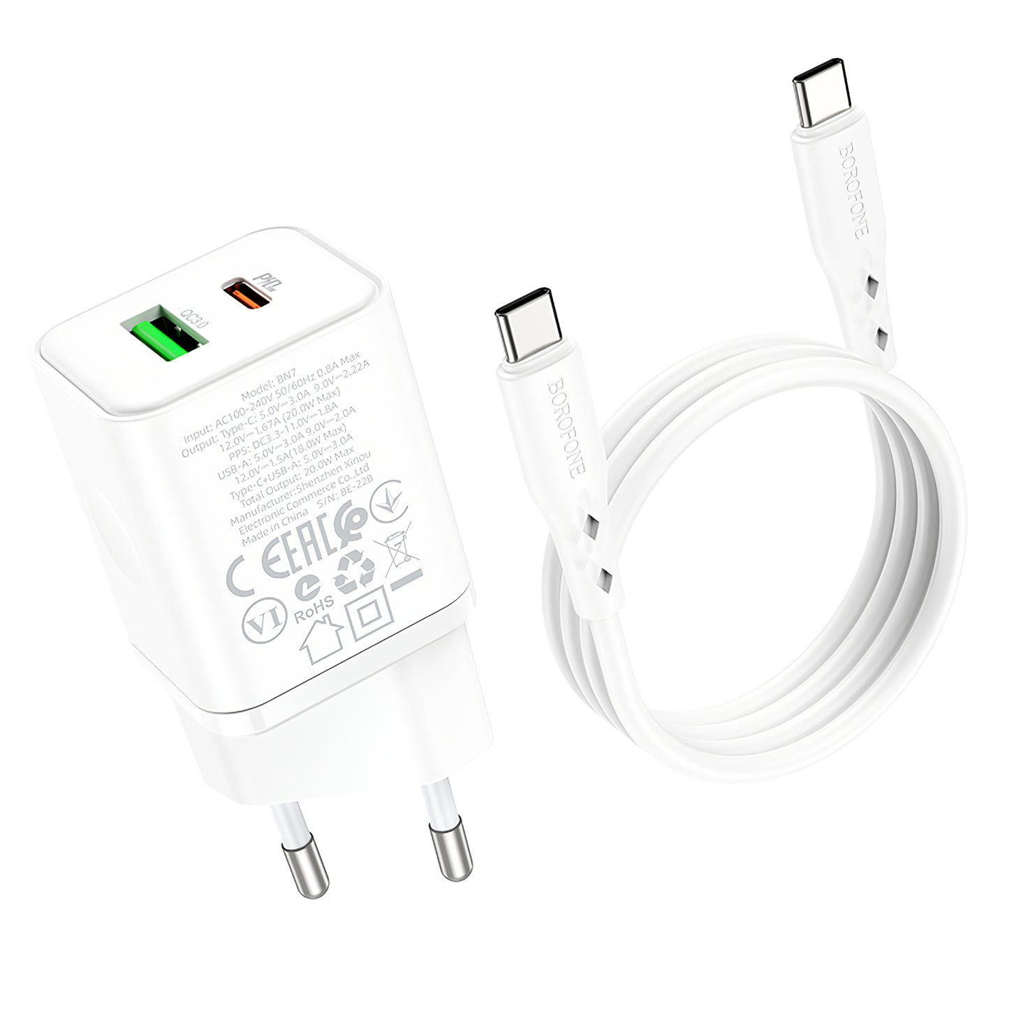 Carregador de rede com cabo USB-C Borofone BN7, 20W, 3A, 1 x USB-A - 1 x USB-C, branco 