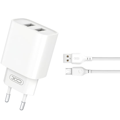 Carregador de rede com cabo microUSB XO Design CE02C, 10,5 W, 2,1 A, 2 x USB-A, branco 