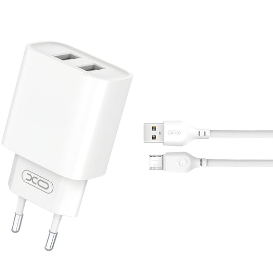 Carregador de rede com cabo microUSB XO Design CE02C, 10,5 W, 2,1 A, 2 x USB-A, branco 