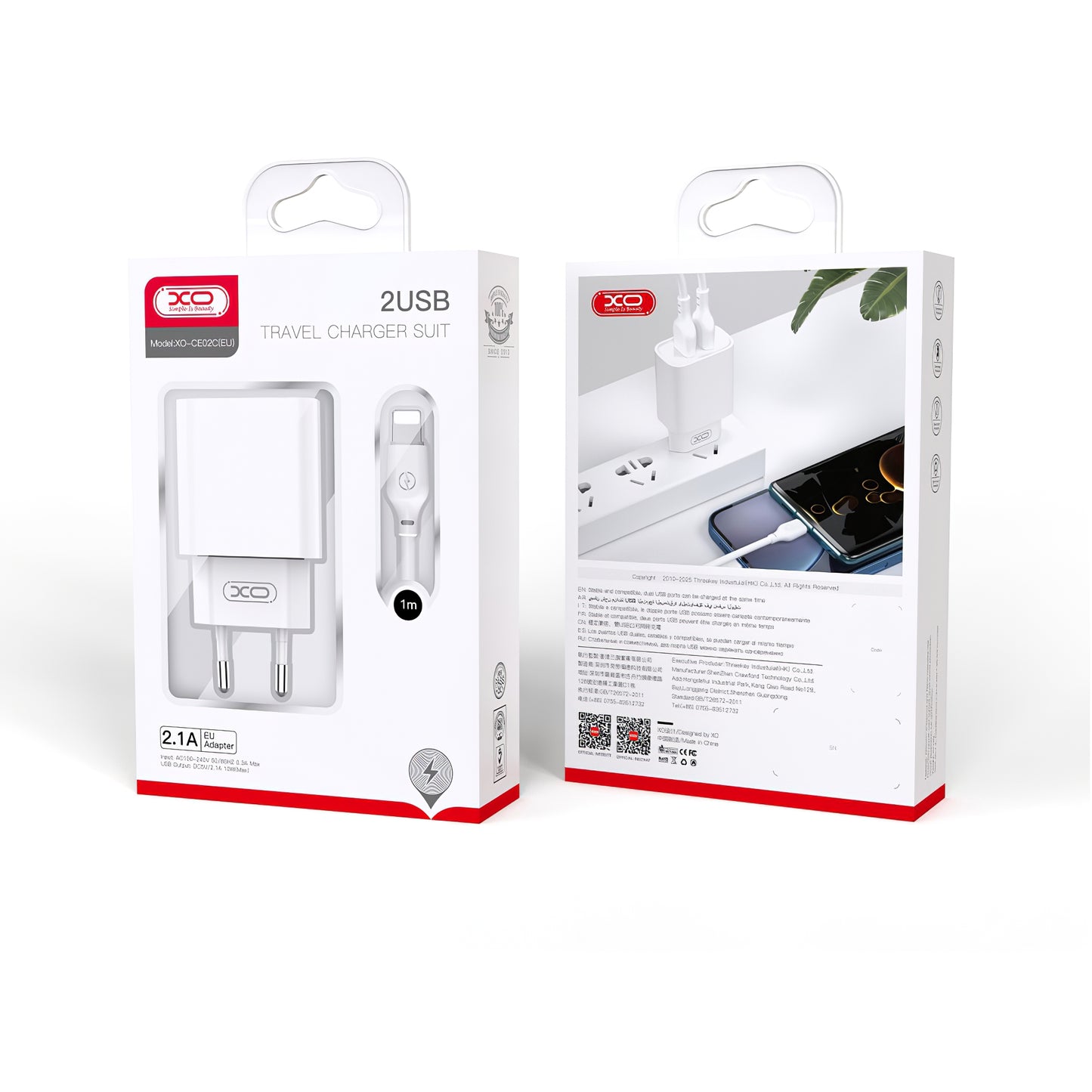 Carregador de rede com cabo Lightning XO Design CE02C, 10,5 W, 2,1 A, 2 x USB-A, branco 