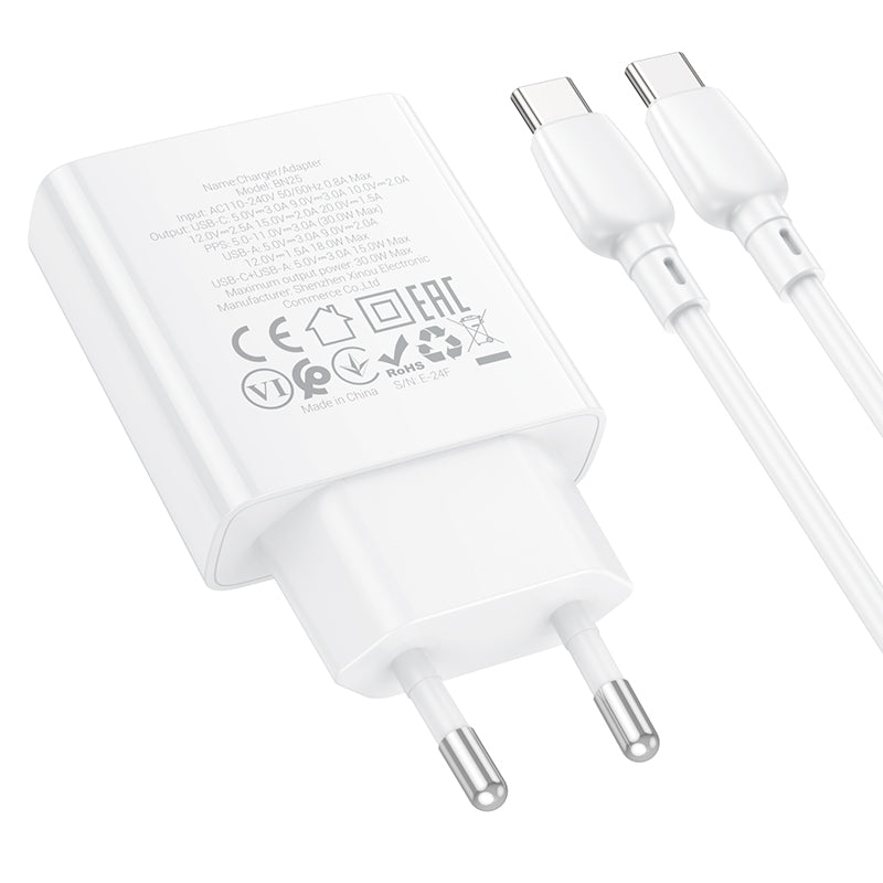 Carregador de rede com cabo USB-C Borofone BN25 Wish, 30W, 3A, 1 x USB-A - 1 x USB-C, branco 