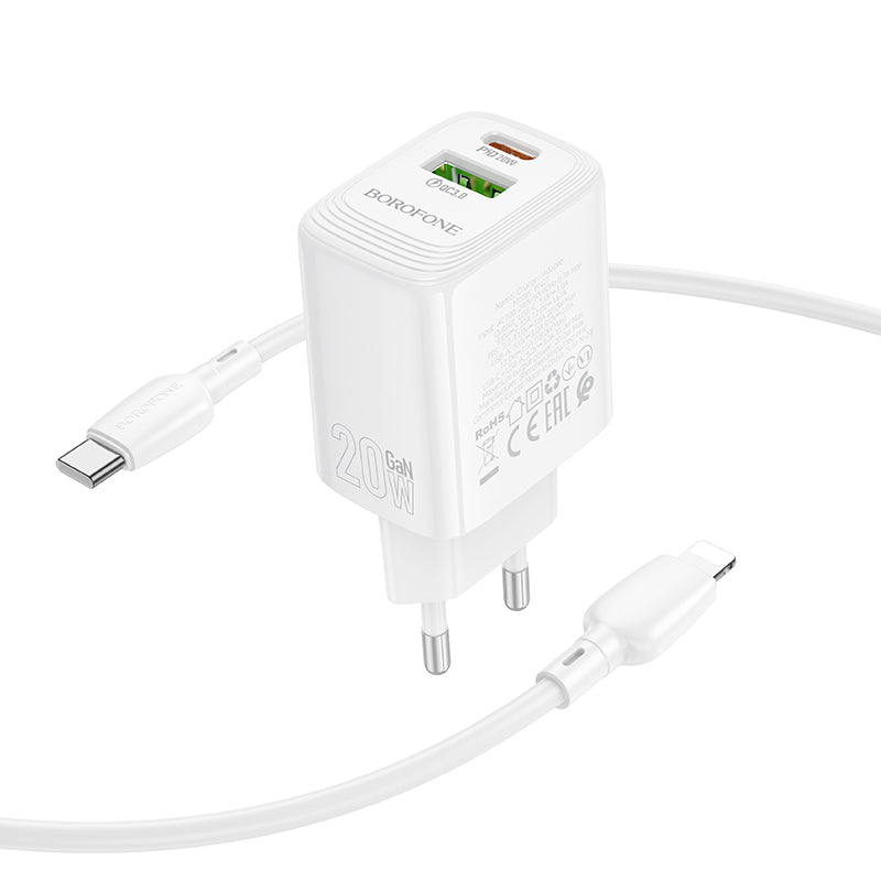 Carregador de Rede com Cabo Lightning Borofone BN27 Fuente, 20W, 3A, 1 x USB-A - 1 x USB-C, Branco