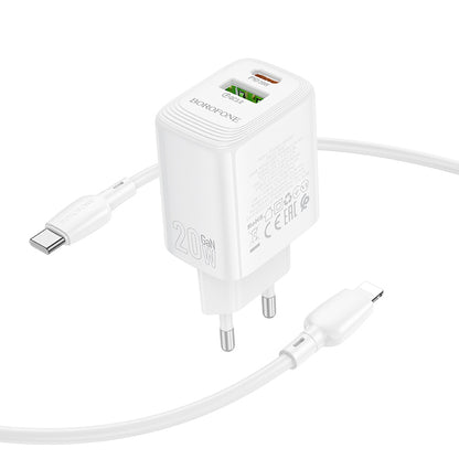 Carregador de Rede com Cabo Lightning Borofone BN27 Fuente, 20W, 3A, 1 x USB-A - 1 x USB-C, Branco