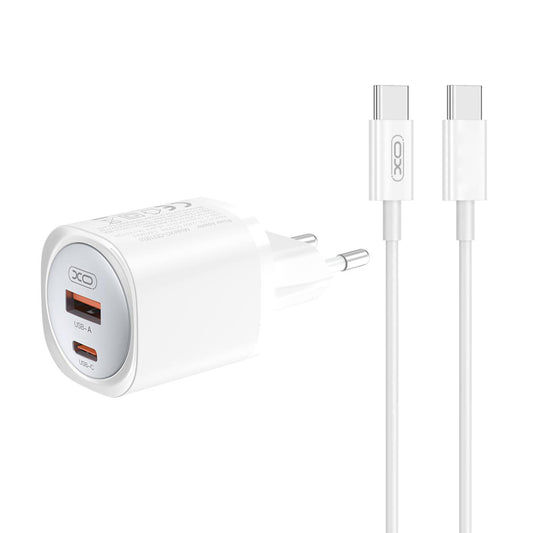 Carregador de Rede com Cabo USB-C XO Design CE21, 30W, 3A, 1 x USB-A - 1 x USB-C, Branco